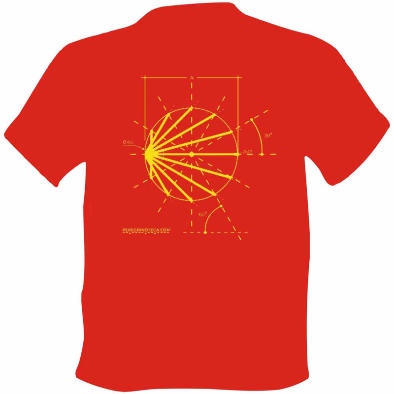 T-shirt rouge avec croquis du logo Camino de Santiago